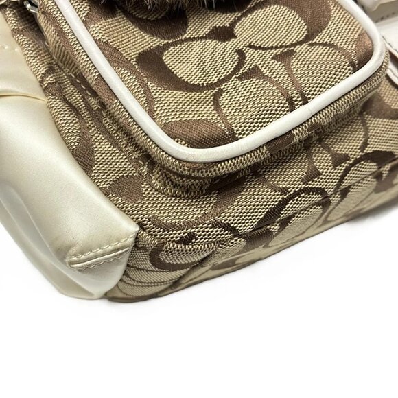 Auth COACH Signature Rabbit Fur Sukey Small Pocket Shoulder 3589 Khaki White - Picture 9 of 9